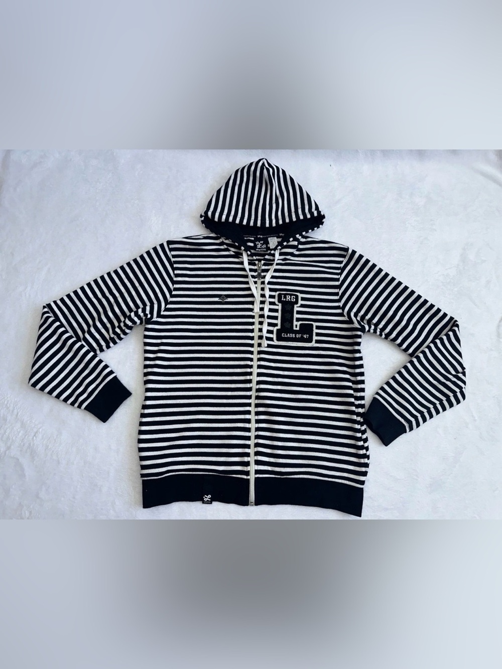 LRG Mens Black White Stripe Long Sleeve Hooded SweatShirt Small S
